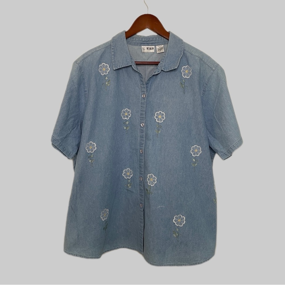 Light Blue Denim 100% Cotton Daisy Embroidered Shirt